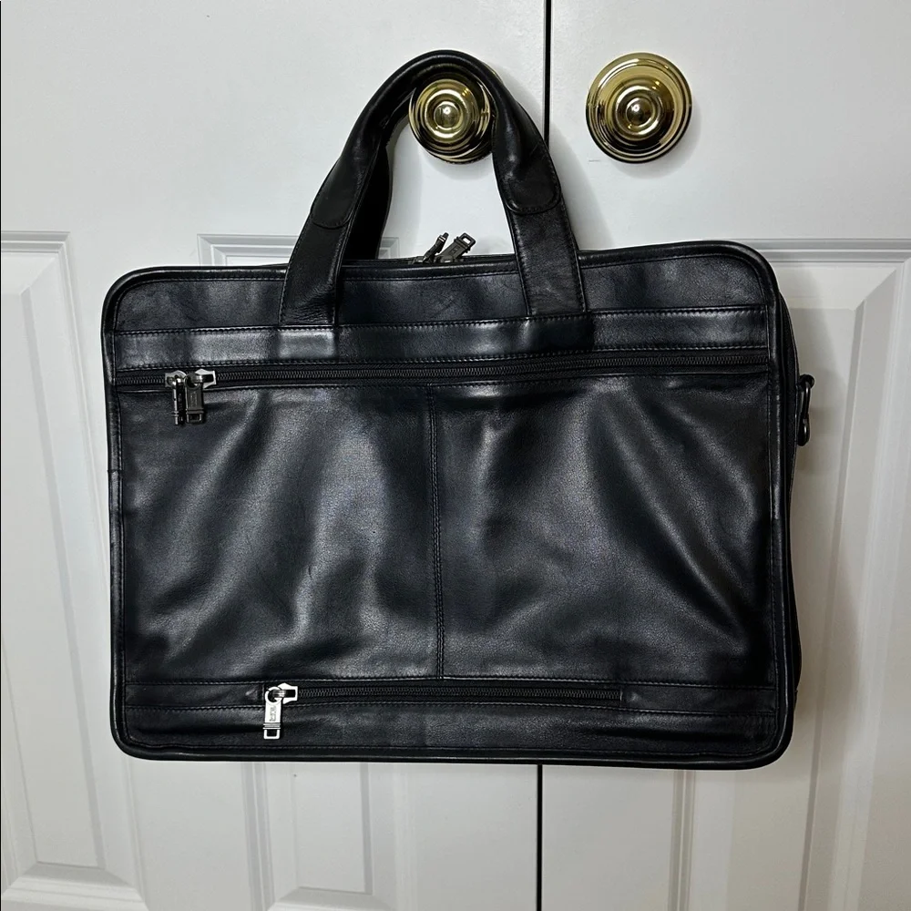 Tumi Alpha Leather Expandable Organizer Briefcase Black Laptop Bag